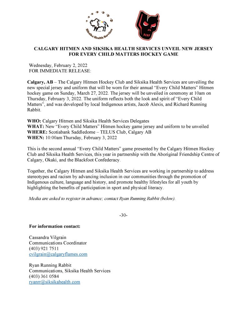 No Ordinary Jersey: Calgary Hitmen Every Child Matters Hockey Game Uniform  Unveiled - Siksika Health ServicesSiksika Health Services