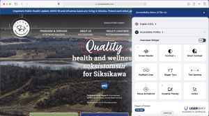 A screenshot of the Siksika Health Services website with UserWay menu open.